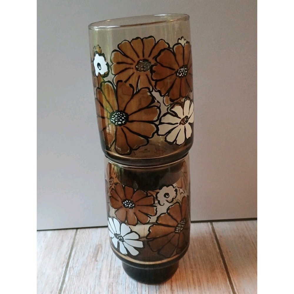 Vintage Libbey Camellia Tawney Glasses Brown Daisy Tumbler Juice Amber- 2 - Picture 4 of 6